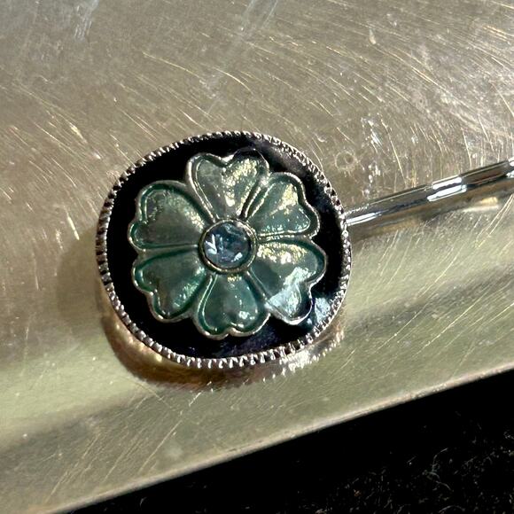 Vintage Enamel Clover Bobby Pin with Rhinestone Center - Picture 8 of 8